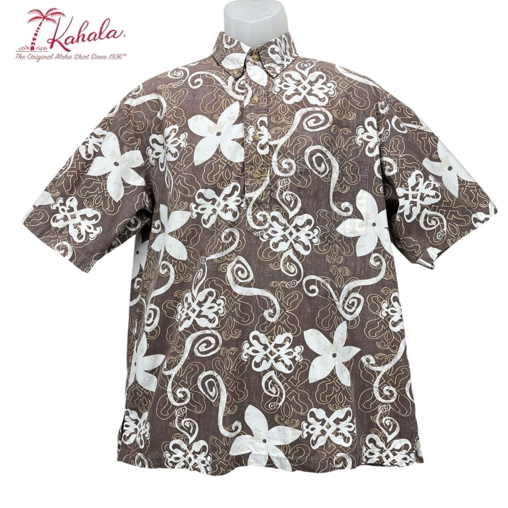 Kahala Mens Large Vintage Popover Henley Brown Floral Hawaiian 100% Cotton Shirt